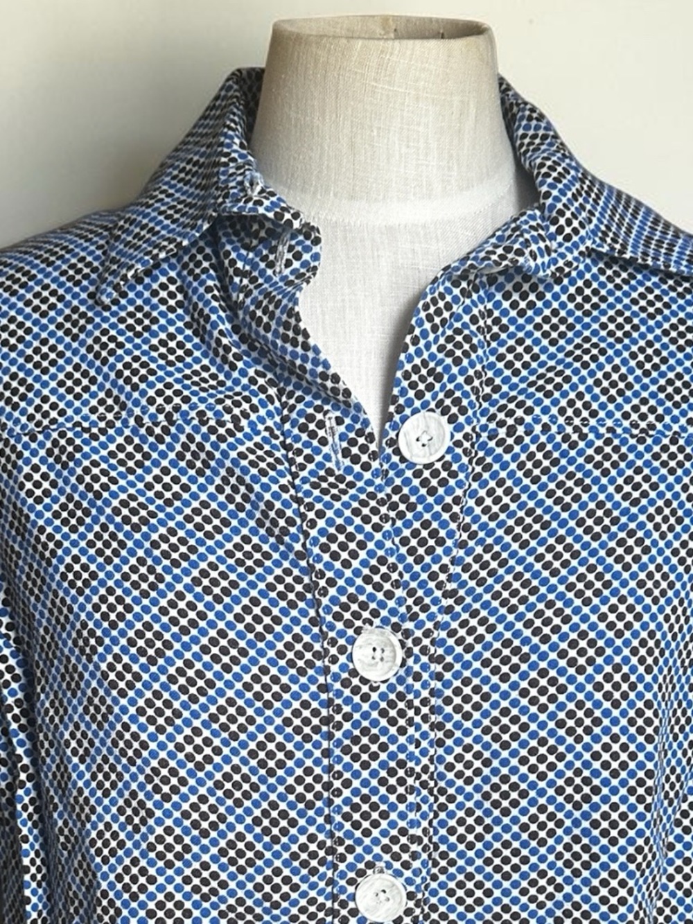 Fun Vintage 1970s Blue and Brown dot print Geometric Short-Sleeve Button Down